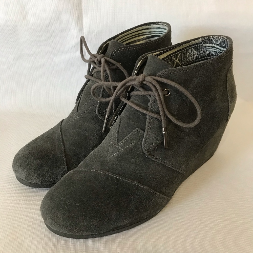 Toms Gray Suede Wedge Lace Up Booties